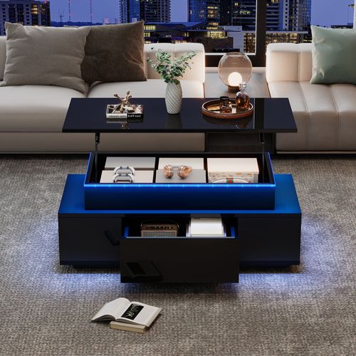 Table Basse Noire Réglable Avec LED, Rangement Caché Et Tiroir 96x45x40 Cm