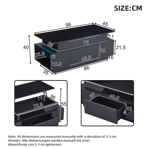 Table Basse Noire Réglable Avec LED, Rangement Caché Et Tiroir 96x45x40 Cm