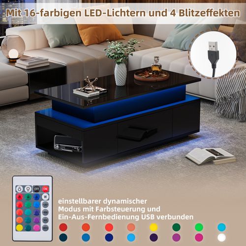 Table Basse Noire Réglable Avec LED, Rangement Caché Et Tiroir 96x45x40 Cm