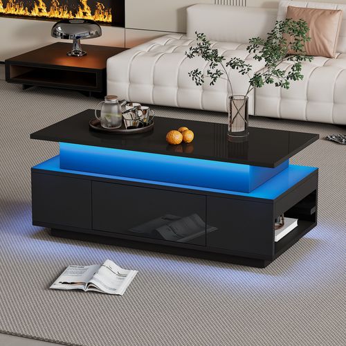 Table Basse Noire Réglable Avec LED, Rangement Caché Et Tiroir 96x45x40 Cm