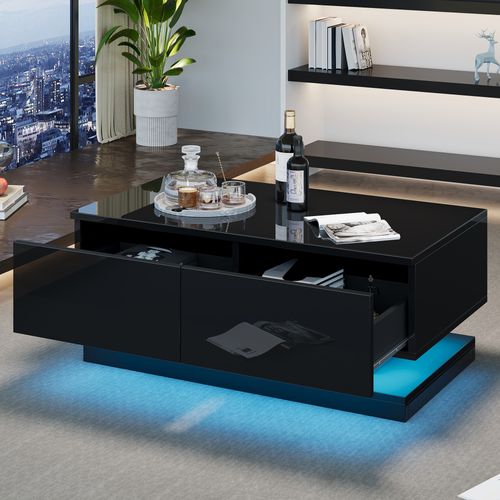 Table Basse Noire Brillante Avec LED Contrôlée Par App, 2 Tiroirs, 90x50x38 Cm