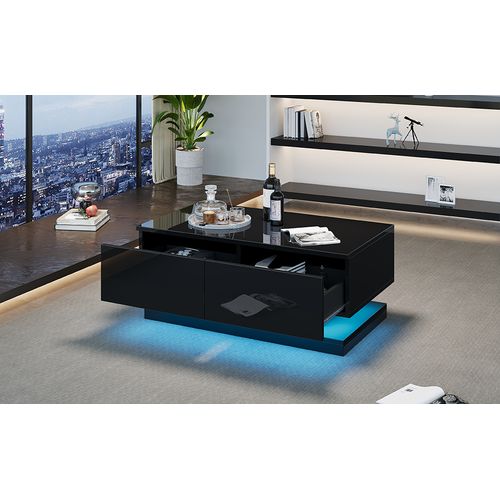 Table Basse Noire Brillante Avec LED Contrôlée Par App, 2 Tiroirs, 90x50x38 Cm