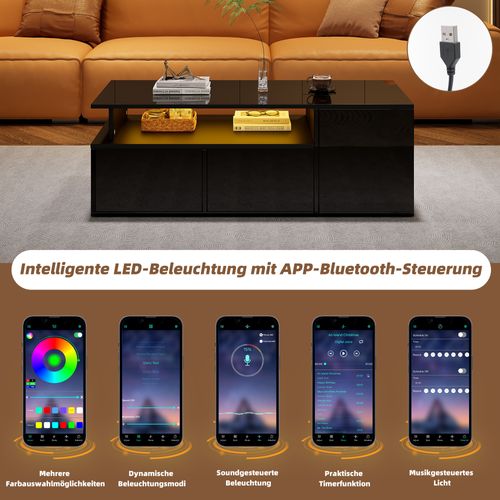 Table Basse Noire Brillante Avec LED, 2 Tiroirs Et Grand Rangement, 100x50x35 Cm