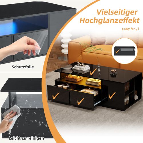 Table Basse Noire Brillante Avec LED, 2 Tiroirs Et Grand Rangement, 100x50x35 Cm