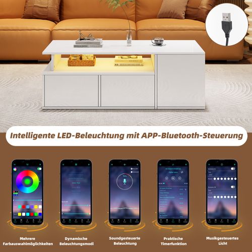 Table Basse Blanche Brillante Avec LED, 2 Tiroirs Et Grand Rangement, 100x50x35 Cm