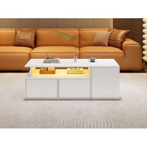 Table Basse Blanche Brillante Avec LED, 2 Tiroirs Et Grand Rangement, 100x50x35 Cm