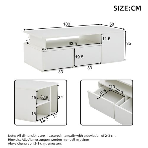 Table Basse Blanche Brillante Avec LED, 2 Tiroirs Et Grand Rangement, 100x50x35 Cm