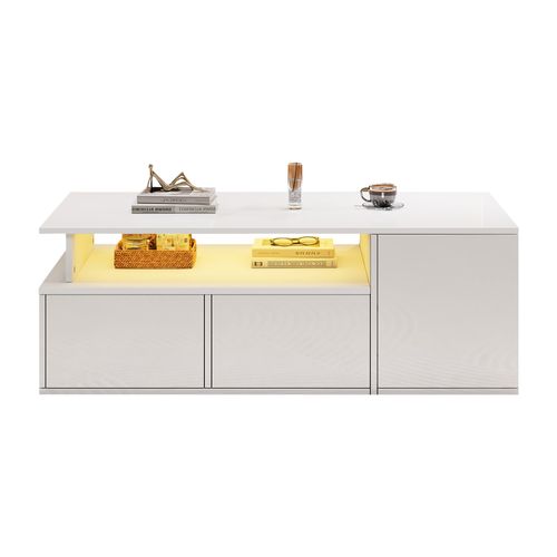 Table Basse Blanche Brillante Avec LED, 2 Tiroirs Et Grand Rangement, 100x50x35 Cm