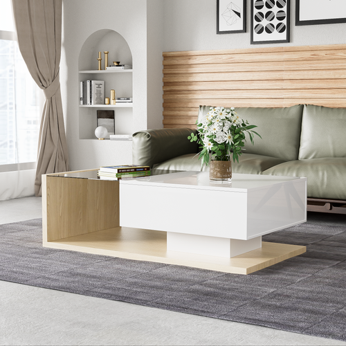 Table Basse Blanche Laquée Et Bois Avec Plateau Verre Trempé Et LED Multicolore