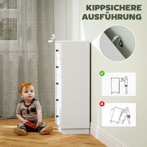 Commode Blanche 5 Tiroirs En Bois Avec Poignées Noires, Style Moderne