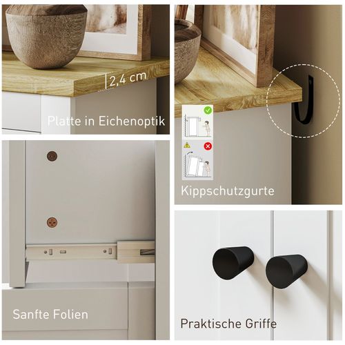 Buffet Blanc Moderne 2 Tiroirs Soft‑close Et Portes Doubles, Imitation Chêne