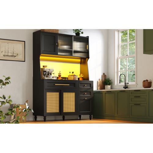 Buffet Haut Noir 120x45x195 Cm En Pe-rattan Avec LED Multicolore Et 3 Tiroirs