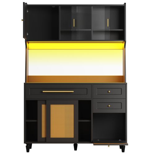 Buffet Haut Noir 120x45x195 Cm En Pe-rattan Avec LED Multicolore Et 3 Tiroirs