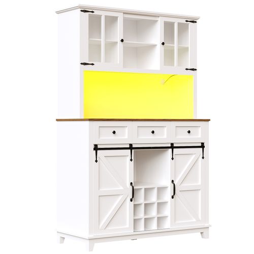 Buffet Haut De Cuisine Blanc Avec LED, Porte Coulissante Style Ferme Et Étagères Réglables