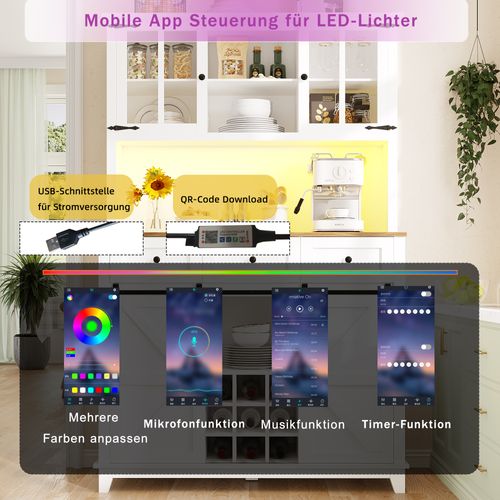 Buffet Haut De Cuisine Blanc Avec LED, Porte Coulissante Style Ferme Et Étagères Réglables