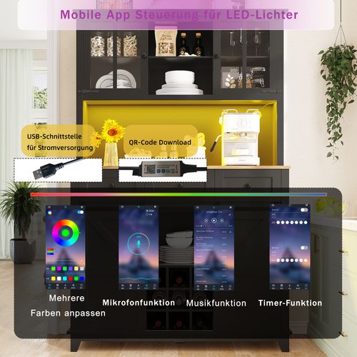 Buffet Haut De Cuisine Noir Avec LED, Porte Coulissante Style Ferme Et Étagères Réglables