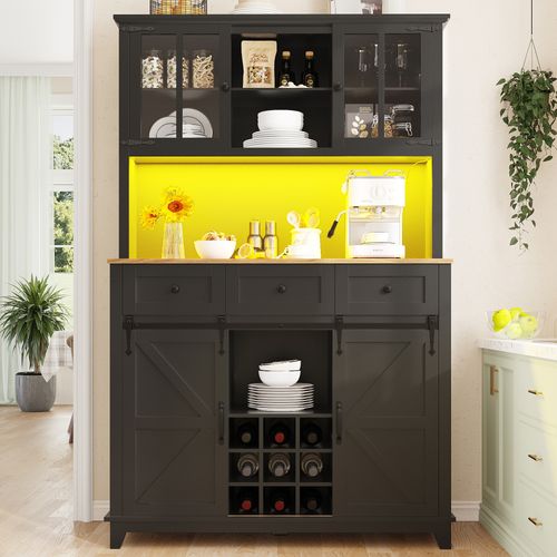 Buffet Haut De Cuisine Noir Avec LED, Porte Coulissante Style Ferme Et Étagères Réglables