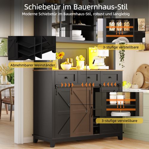 Buffet Haut De Cuisine Noir Avec LED, Porte Coulissante Style Ferme Et Étagères Réglables