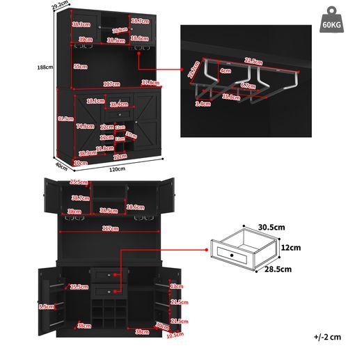 Buffet Haut Noir Avec Étagères Réglables, Tiroirs Et Porte-bouteilles Pour Cuisine