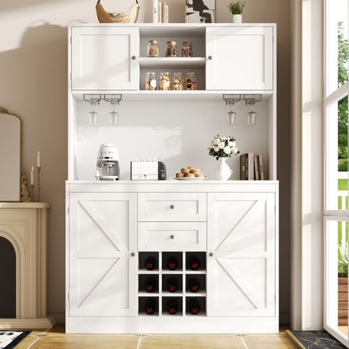 Buffet Haut Blanc Avec Étagères Réglables, Tiroirs Et Porte-bouteilles Pour Cuisine