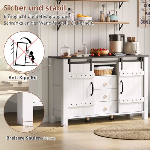 Buffet Rustique 120 Cm Avec Portes Coulissantes Et 3 Tiroirs, Meuble De Rangement Polyvalent