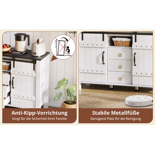 Buffet Rustique 120 Cm Avec Portes Coulissantes Et 3 Tiroirs, Meuble De Rangement Polyvalent