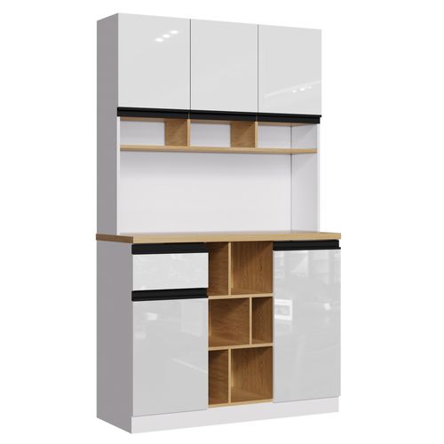Buffet Moderne Blanc Laqué 105x45x185 Cm Avec Rangements Modulables Et Poignées Alu