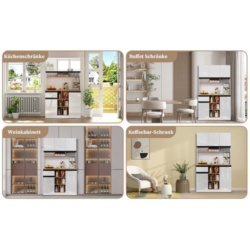 Buffet Moderne Blanc Laqué 105x45x185 Cm Avec Rangements Modulables Et Poignées Alu