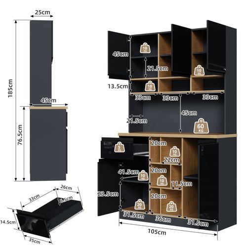 Buffet Moderne Noir Laqué 105x45x185 Cm Avec Rangements Modulables Et Poignées Alu