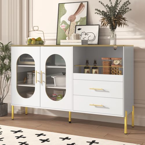 Buffet Élégant Blanc Avec 2 Tiroirs Et Portes Vitrées, Accents Dorés