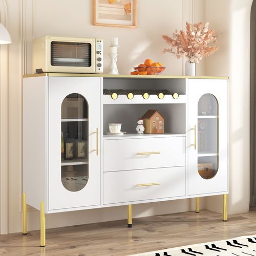 Buffet Blanc Avec Portes Vitrées Et Casier à Vin, Design Moderne Et Élégant