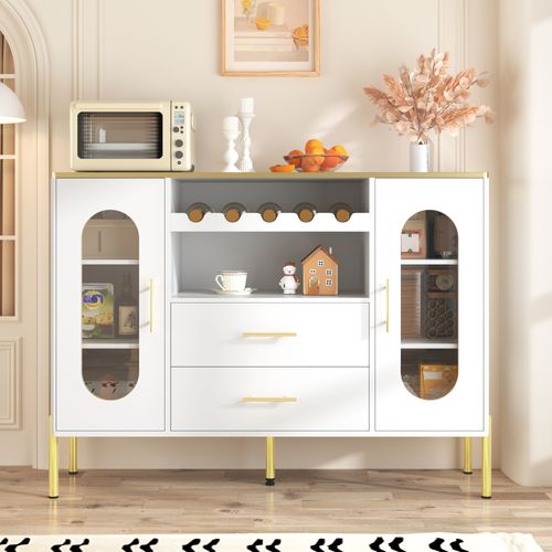 Buffet Blanc Avec Portes Vitrées Et Casier à Vin, Design Moderne Et Élégant