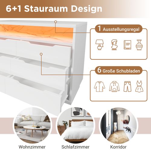 Buffet Moderne Blanc Avec Éclairage LED, 6 Tiroirs Et Plateau Effet Marbre 120x40x85 Cm