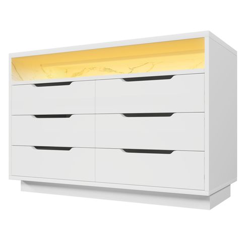 Buffet Moderne Blanc Avec Éclairage LED, 6 Tiroirs Et Plateau Effet Marbre 120x40x85 Cm