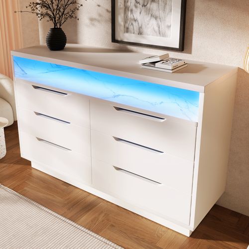 Buffet Moderne Blanc Avec Éclairage LED, 6 Tiroirs Et Plateau Effet Marbre 120x40x85 Cm