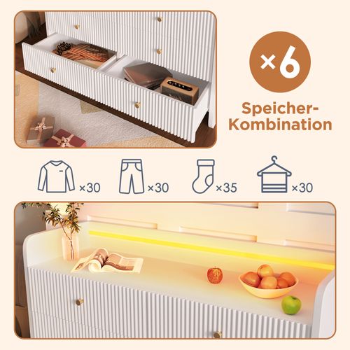 Buffet Moderne Blanc Avec LED, 6 Tiroirs Et Design Ondulé 3d, 120x40x75 Cm