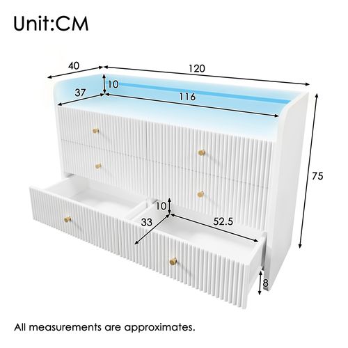 Buffet Moderne Blanc Avec LED, 6 Tiroirs Et Design Ondulé 3d, 120x40x75 Cm