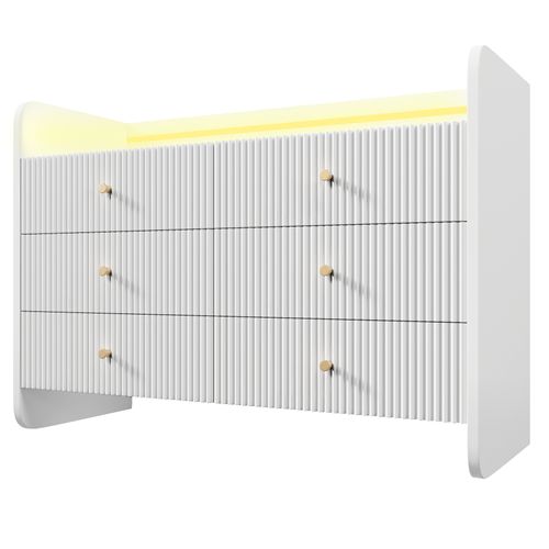 Buffet Moderne Blanc Avec LED, 6 Tiroirs Et Design Ondulé 3d, 120x40x75 Cm