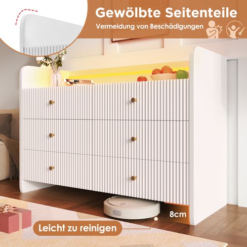 Buffet Moderne Blanc Avec LED, 6 Tiroirs Et Design Ondulé 3d, 120x40x75 Cm