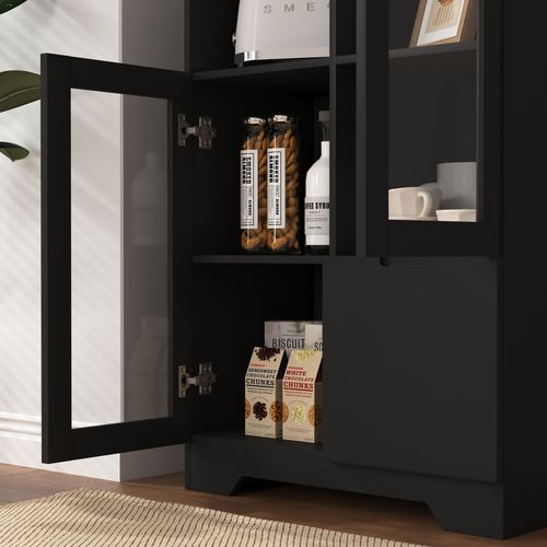Buffet Noir En Mdf Laqué Avec Portes Vitrées Et Tiroirs, Rangement Polyvalent