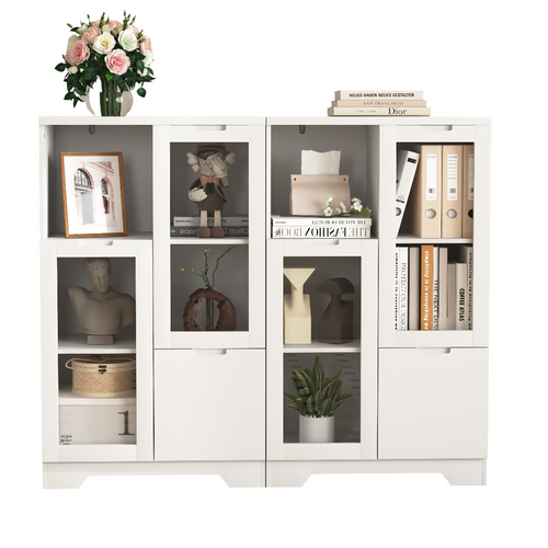 Buffet Blanc En Mdf Laqué Avec Portes Vitrées Et Tiroirs, Rangement Polyvalent