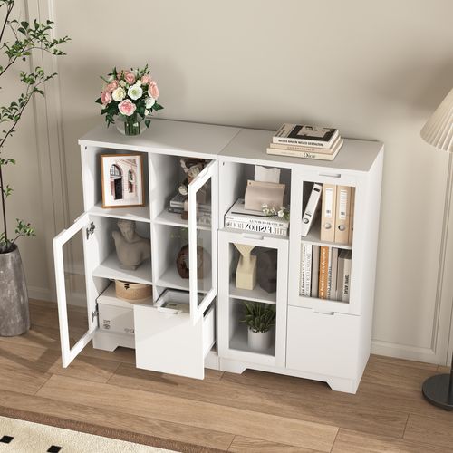 Buffet Blanc En Mdf Laqué Avec Portes Vitrées Et Tiroirs, Rangement Polyvalent