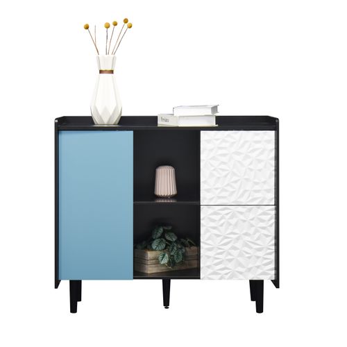 Buffet Noir Avec Portes Bleues, 2 Tiroirs Et Niches Ouvertes – Style Moderne Pour Cuisine Ou Salon