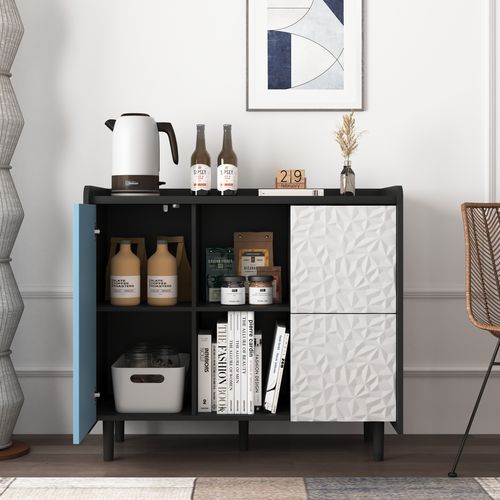 Buffet Noir Avec Portes Bleues, 2 Tiroirs Et Niches Ouvertes – Style Moderne Pour Cuisine Ou Salon