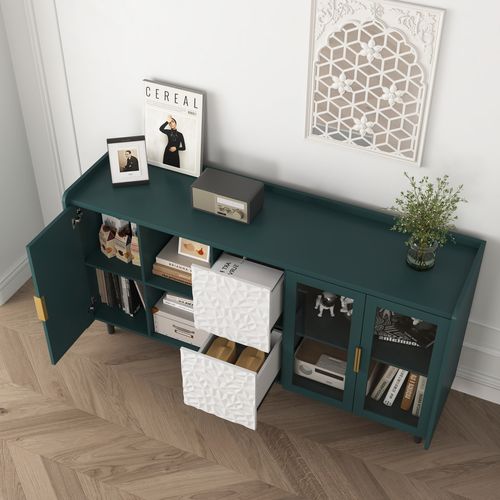Buffet De Cuisine Vert 140 Cm Avec Portes Vitrées, Tiroirs Et Rangements Ouverts