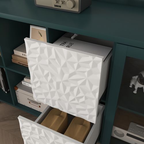 Buffet De Cuisine Vert 140 Cm Avec Portes Vitrées, Tiroirs Et Rangements Ouverts