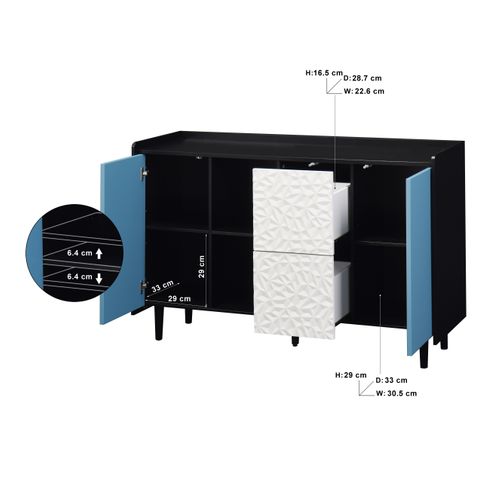 Buffet Noir Avec Portes Bleues, 2 Tiroirs Et Niches Ouvertes – Meuble De Rangement Moderne 120 cm