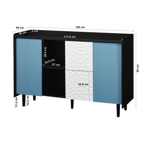 Buffet Noir Avec Portes Bleues, 2 Tiroirs Et Niches Ouvertes – Meuble De Rangement Moderne 120 cm