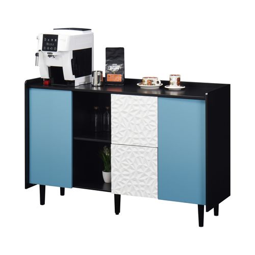 Buffet Noir Avec Portes Bleues, 2 Tiroirs Et Niches Ouvertes – Meuble De Rangement Moderne 120 cm
