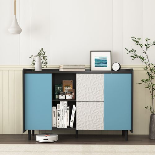 Buffet Noir Avec Portes Bleues, 2 Tiroirs Et Niches Ouvertes – Meuble De Rangement Moderne 120 cm